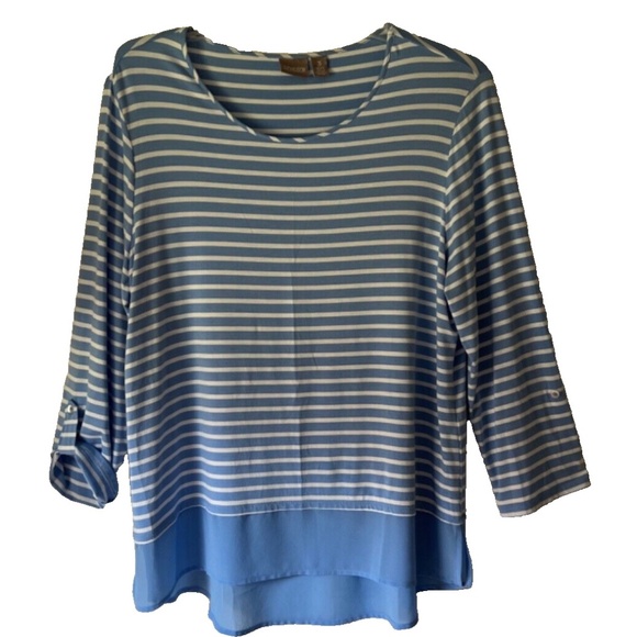 Chicos Womens Sz 3 XL Blue White Striped Tunic Top Blouse 3/4 Sleeves Roll Tab - Picture 1 of 2